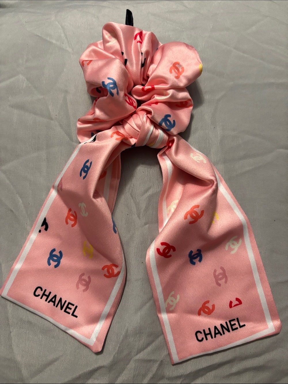 CHANEL Pink Multi-Color CC Logo Silk Scarf Scrunchie
